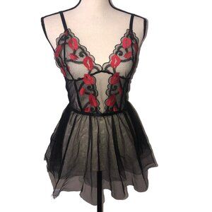 Babydoll Cami Med Black Red Embroidered Goth Fairy Slip Sexy Lips Lingerie Y2K